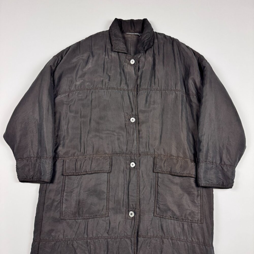Vtg 100% Silk Quilted Long Coat Womens XL(?) Japanese Avant Garde Shimmer Black - Picture 3 of 11